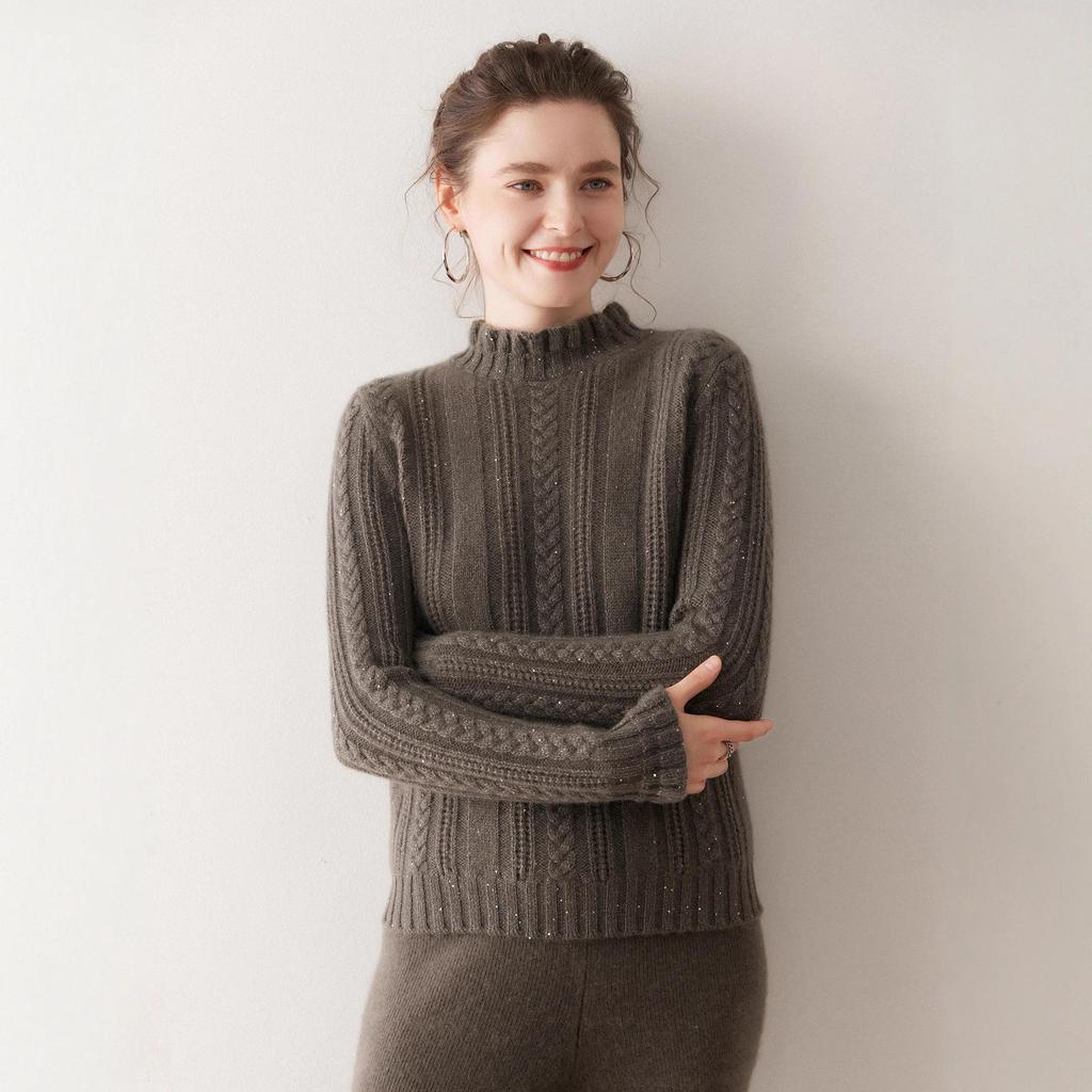 Chic Sequin Stand Collar Cashmere Sweater - Women's Soft Fluffy Knitwear for Autumn/Winter