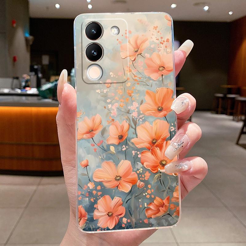 Phone Case For Vivo V29e V27e 5G Slim Soft TPU Cover Clear Silicone Aesthetic Luxury Fashion Butterfly Flowers New Design Case