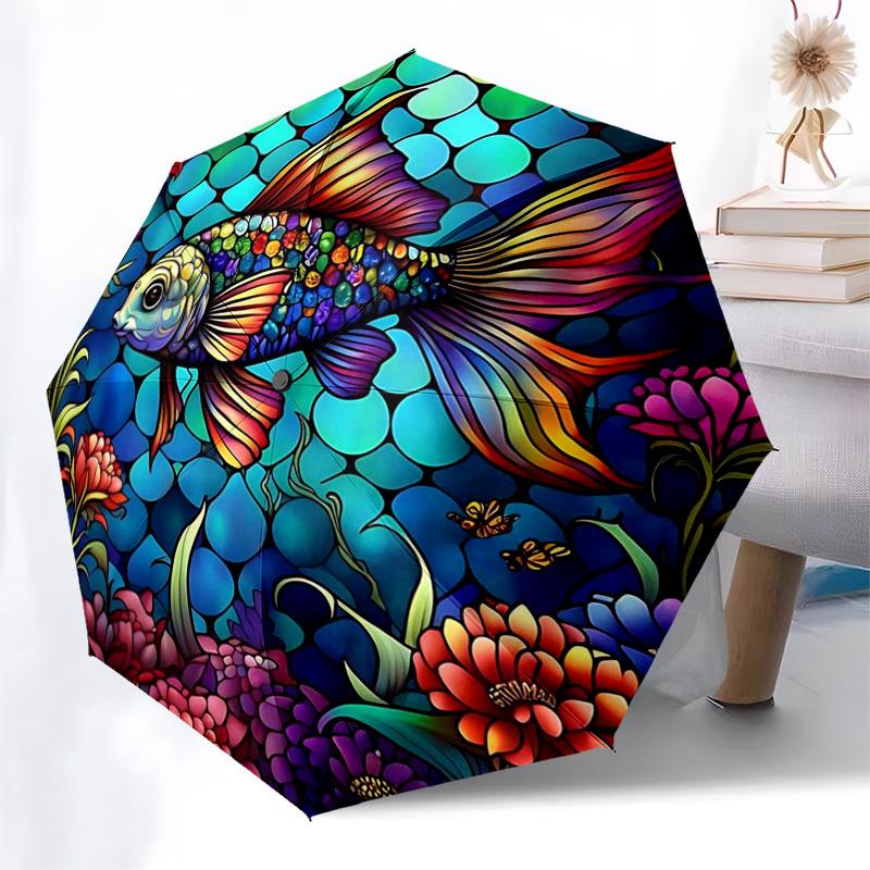 

1pc Stained Glass Fish Design Automatic Folding Umbrella - Portable 3-Fold Design with 8-Bone Iron Frame, Perfect for Outdoor Use, Festive Gifts, Trav