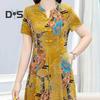 Women Summer Dress V Neck Long Sleeve Chinese Style Short Sleeves Printed A Line Pleated Pockets Knee Length Mid Aged Women Mother Midi Dress