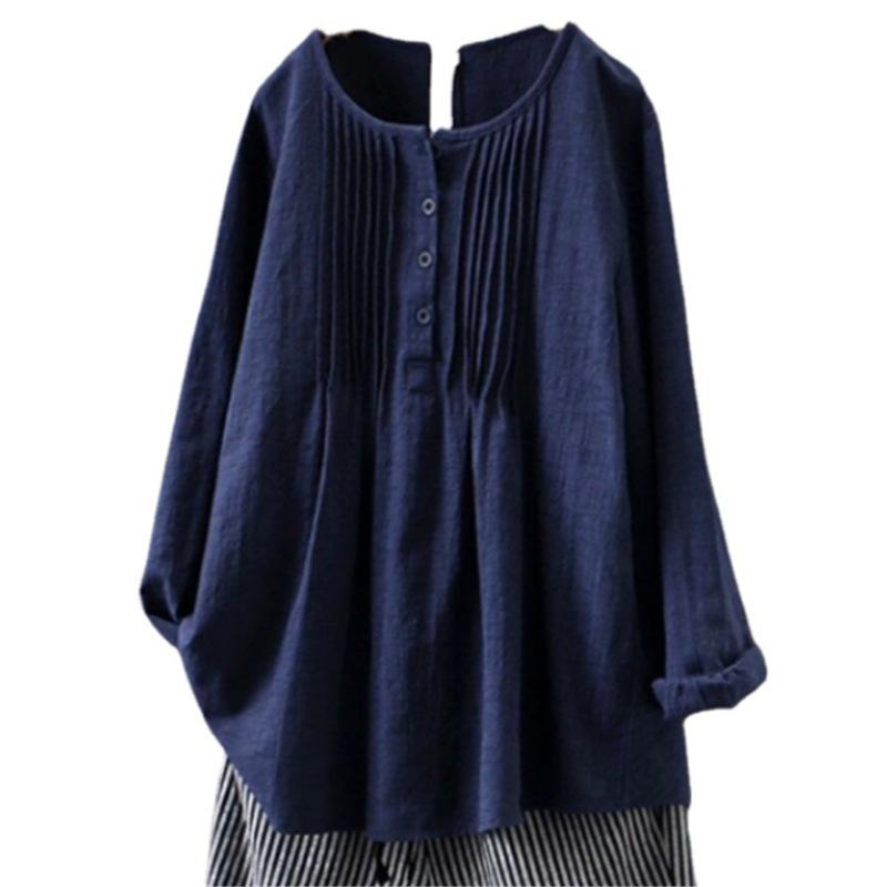 Loose Cotton and Linen Long Sleeved Women's Round Neck Women's Shirt