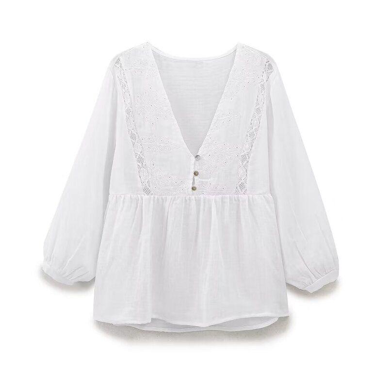 Western Style 2024 Summer New Women Loose All-Match Vertical Lace and Embroidery Decoration Shirts 2298096