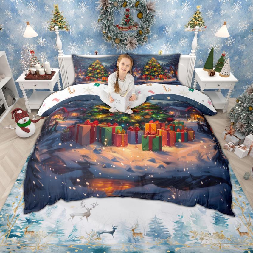 Homewish Kids Happy New Year Duvet Cover Set For Boys Girls Cute Snowman Santa Claus Bedding Kawaii Xmas Tree Gnome Bed Set