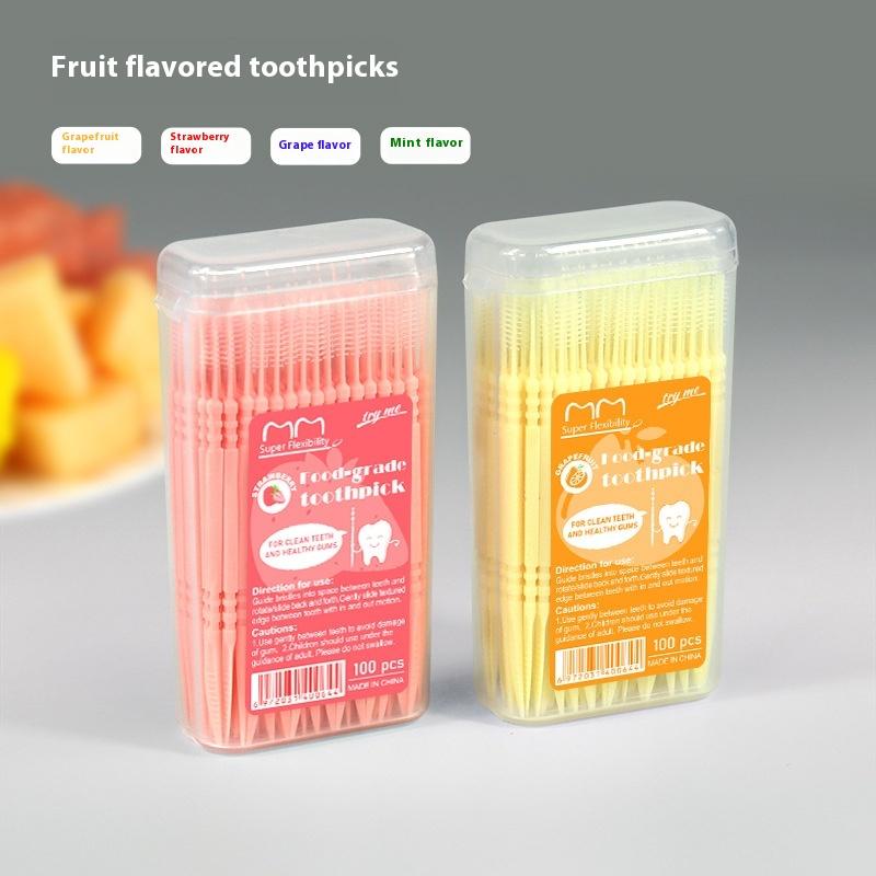100Pcs/Box Fruit Flavor Toothpicks Double-Headed Disposable Interdental Brush Dental Tooth Flossing Head Oral Hygiene Clean