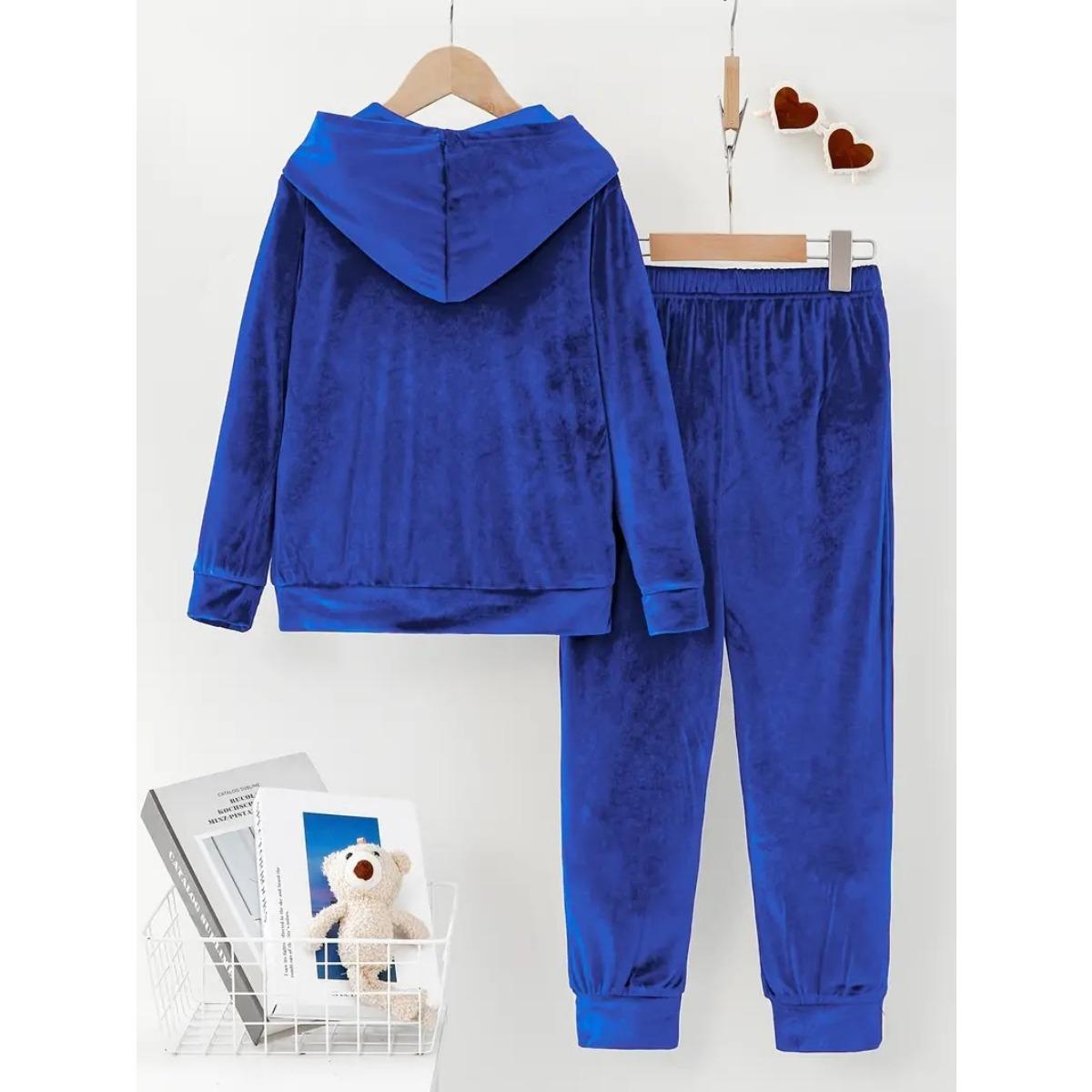 Herbst Winter Damen Koreanisches Samt Loungewear Set Hoodie + Hose 2-teiliges Outfit für Homewear S blau