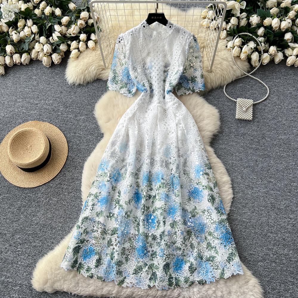Summer Fashionable Short Sleeve Slimming Water Soluble Lace Dress Vintage Stand Collar Ruffles Splice Lace Mid-Length Dress