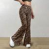Womens High-Waist Knit Flare Pants With Leopard Print Stretch Waistband Casual Sexy Slim Fit Trousers