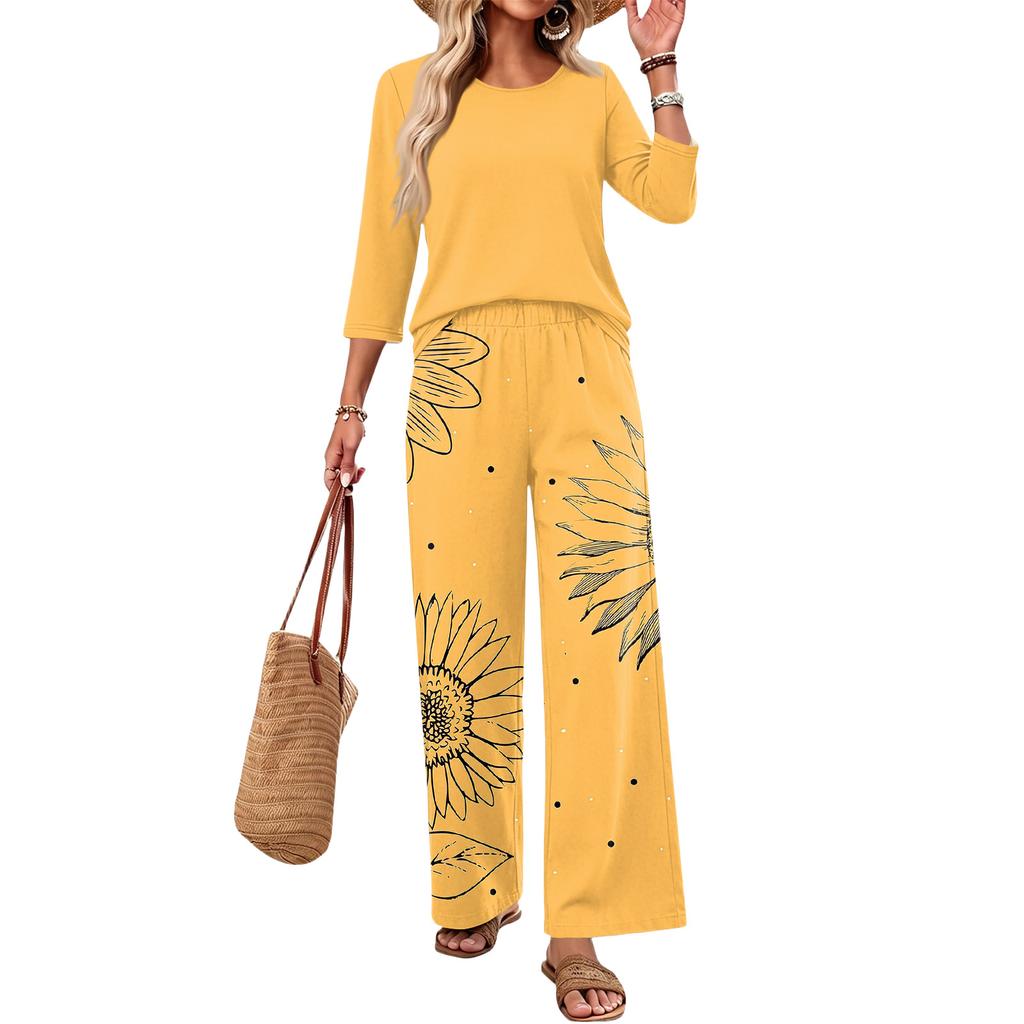 Women's Casual Two Piece Set Loose Fit Round Neck Top with Three Quarter Sleeves and Wide Leg Printed Pants Lounge Wear Set