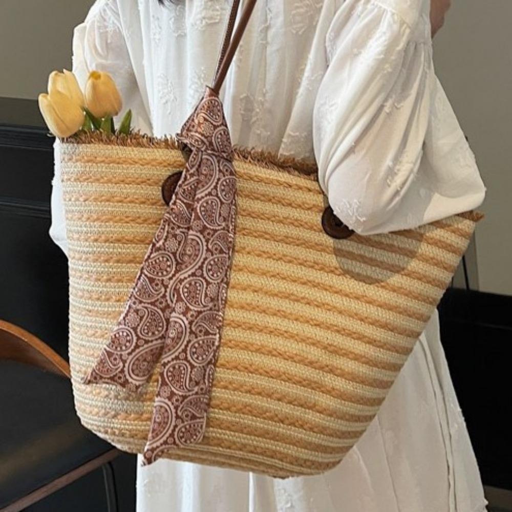 Summer Beach Vacation Single Shoulder Bag Large Capacity Portable Vegetable Basket Bag Women's Versatile Literary Commuter Shoulder Straw Beach Bag