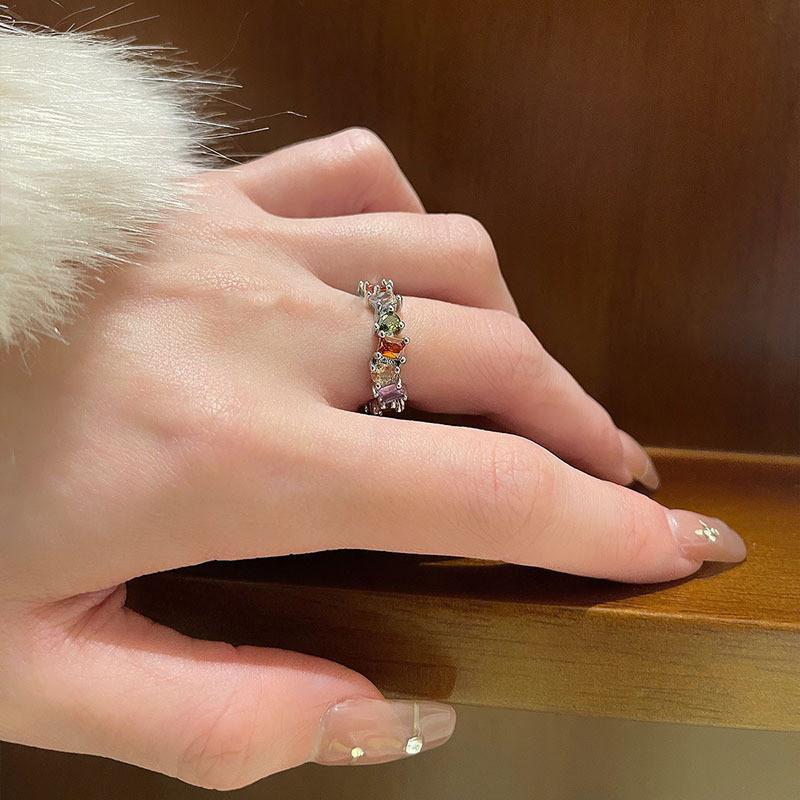 Dreamy Rainbow Colored Zircon Copper Adjustable Open Ring For Women Stylish Design 2023