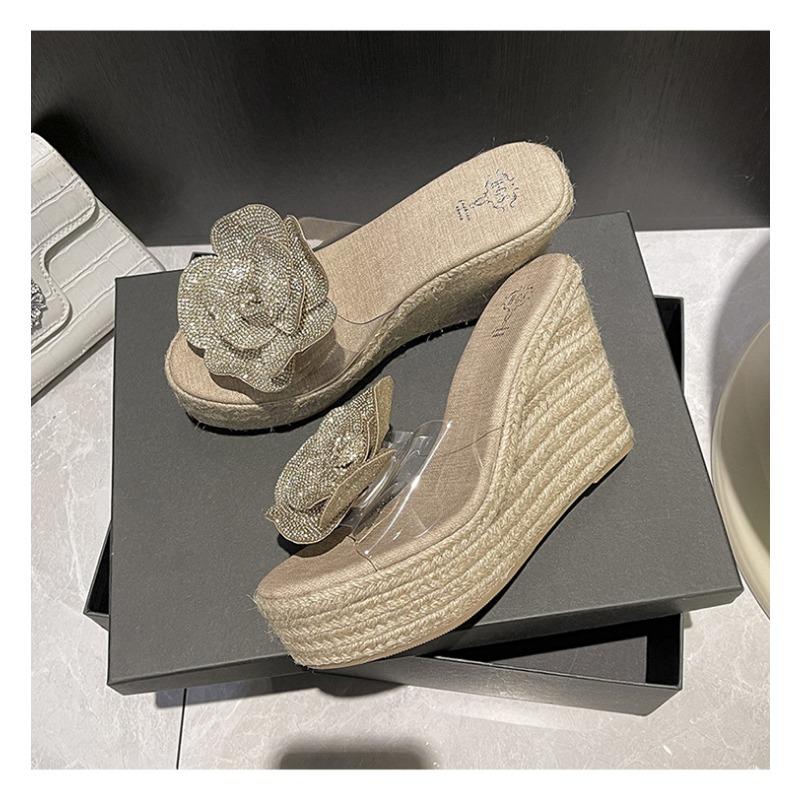 Cool slippers summer new one-word with transparent open-toed waterproof table slope heel outside wear muffin thick-soled slippers