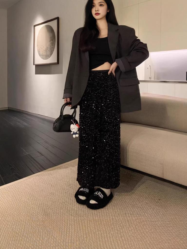 2026 Early Spring/Autumn Korean Velvet Sequin Midi Skirt