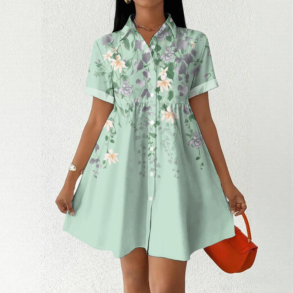 Casual Loose Fit Shirt Dress with Button Front and Stand Collar Short Sleeve Lightweight Summer Dress for Women