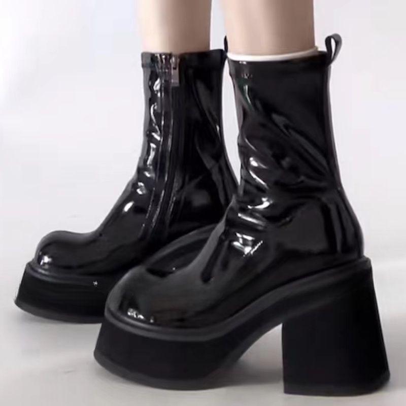 Spice Girl High Heel Waterproof Platform Thick Heel Short Boots Women's 2025 Autumn Black Medium Tube Skinny Boots Martin Boots ins
