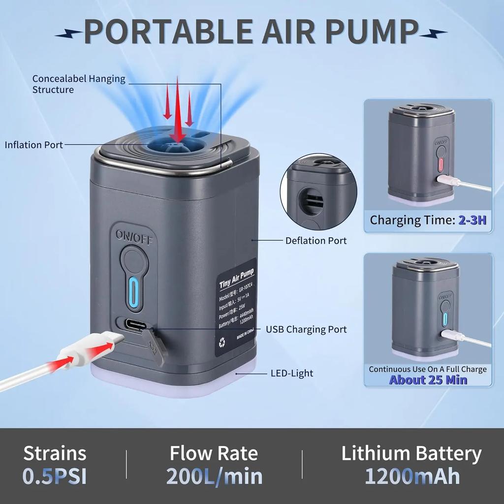 Mini Pompa ad Aria Elettrica Portatile Senza Fili Compressore d'Aria con Luce LED Pompa a Gonfiaggio/Sgonfiaggio Rapido per Materassino ad Aria Ciambella da Nuoto