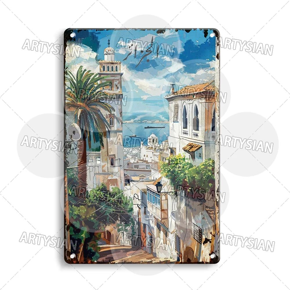 Maghreb Travel Cityscape Metal Sign Alger Algeria Djerba Tunisia Chefchaouen Morocco Marrakesh Zarzis Oran Tiaret Kabylie