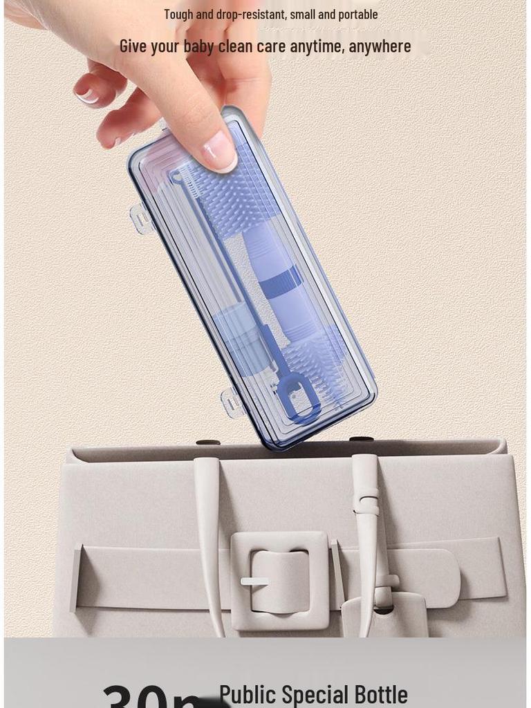 Portable Baby Bottle & Nipple Brush Set with Storage Box and Draining Rack for Travel