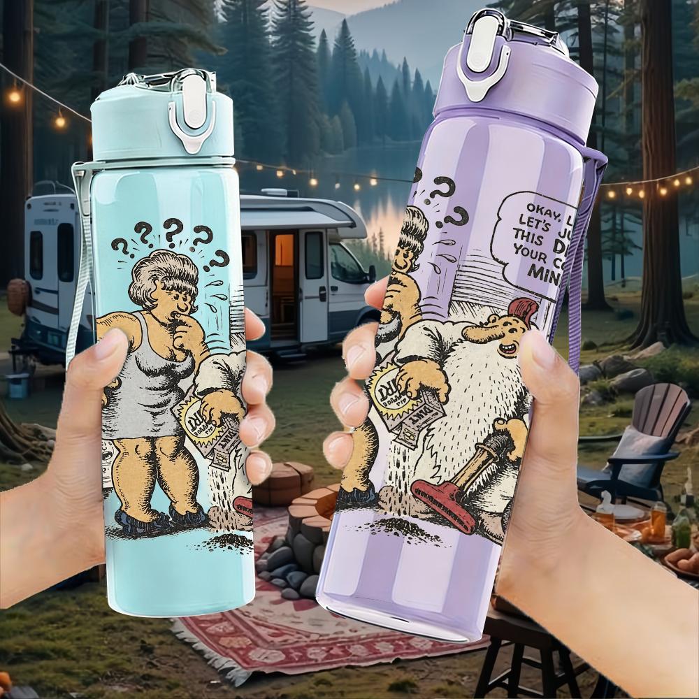 1PC Retro Cartoon Old Man Comic Print 750ml Portable Sports Water Bottle Leakproof Gym Outdoor Travel Drink Cup
