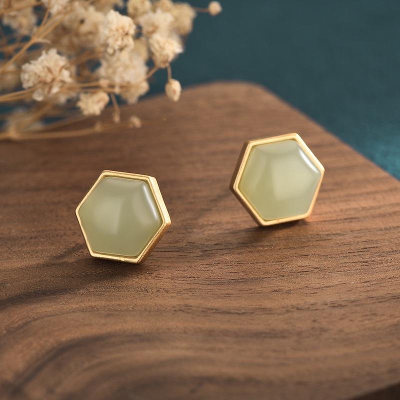 PANJBJ 925 Sterling Silver Hotan Jade Stud Earring for Women Girl Round Vintage Luxury Jewelry Banquet Gift Dropshipping