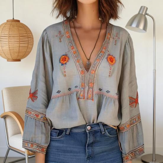 Women Tops Deep V Neckline Dropped Shoulder Sleeve Curved Hem Blouse Casual Layering Shirt