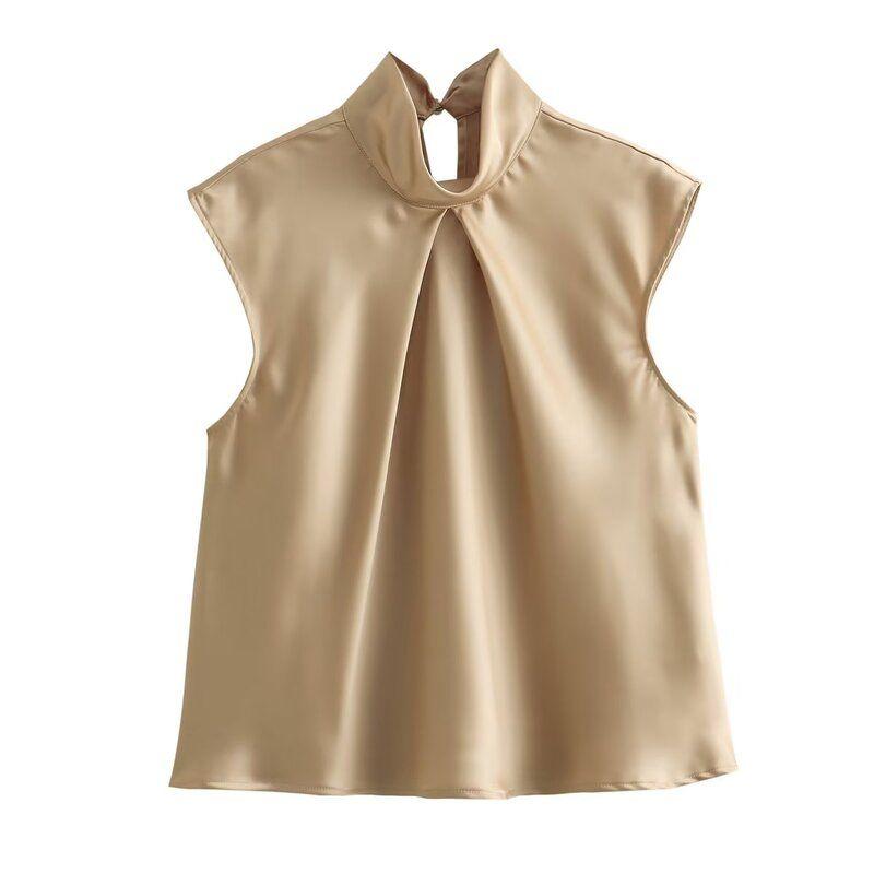 Fashion Style Winter New Women's Clothing Elegant Slim Looking All-Matching Sleeveless Silk Satin Texture Tops 3666175 307