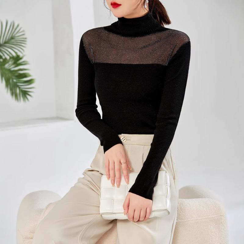 

Semi-turtleneck mesh splicing bottoming shirt women s autumn new slim-fit inner see-through silk wool knitted sweater 115 чёрный