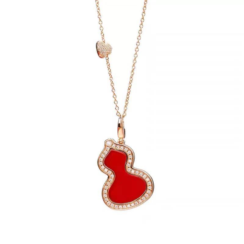 Elegant Gourd Necklace: 925 Sterling Silver with 18K Rose Gold, White Mother-of-Pearl, and Red Chalcedony Pendant
