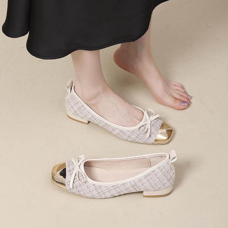Bow Light Mouth Single Shoes Women's Spring and Summer New Ballet Shoes Soft Sole Metal Square Head Flats