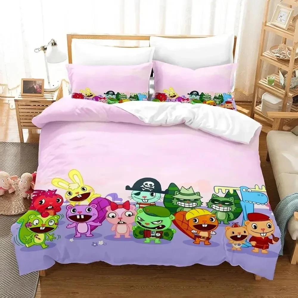 Juego de Ropa de Cama de Dibujos Animados Happy Tree Friends Funda Nórdica Juego de Cama Funda de Colcha Funda de Almohada Edredón tamaño King Queen Niños Ropa de Cama para Adultos