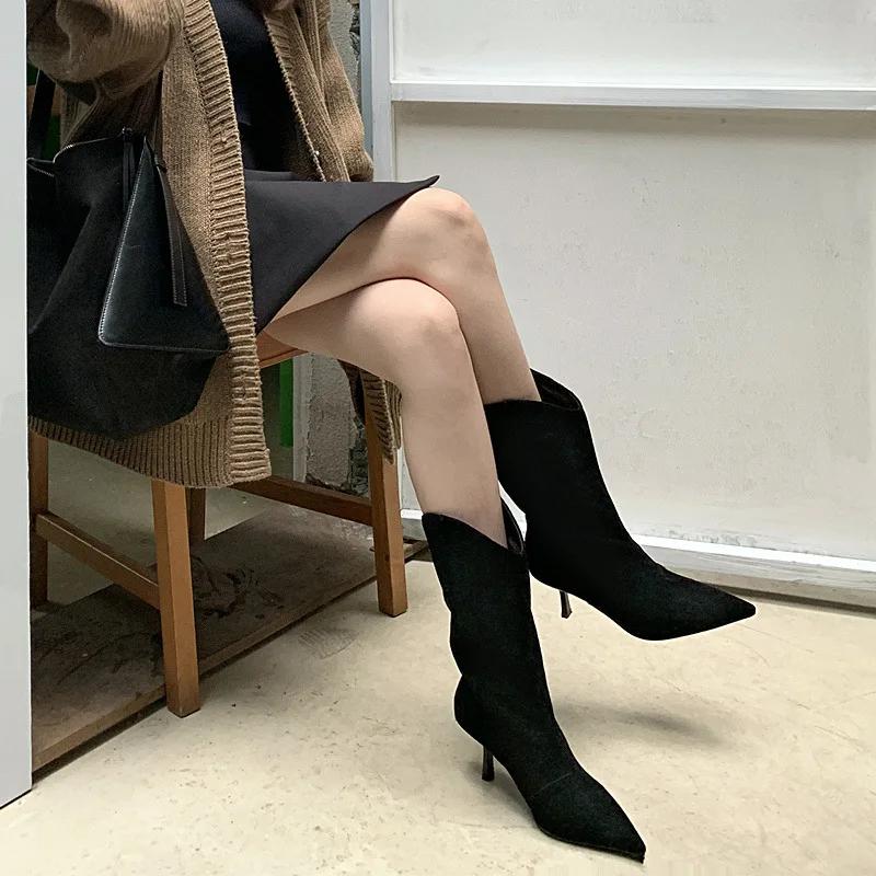 Women's Autumn Shoes Nubuck Leather Stiletto Mid-calf Boots Women Fashion Pumps Winter Black Pointed Toe High-heeled Boots Woman