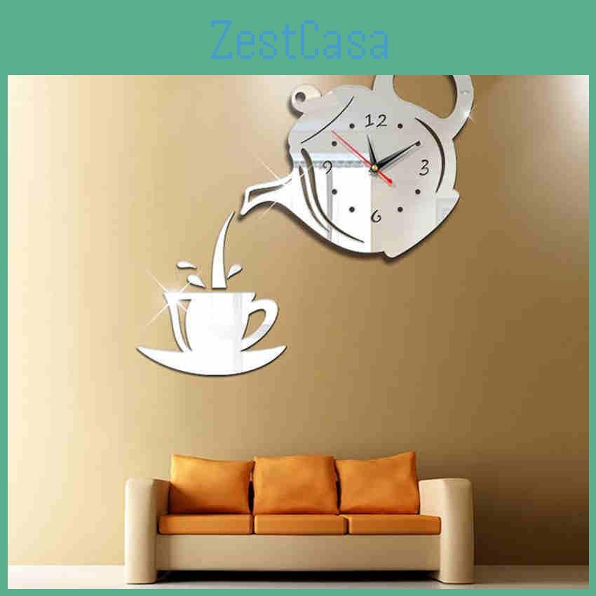 Creative Clock Acrylic 3d Wall Diy Coffee Cup Teapot Kitchen Living Room Decorative Wall Clock
