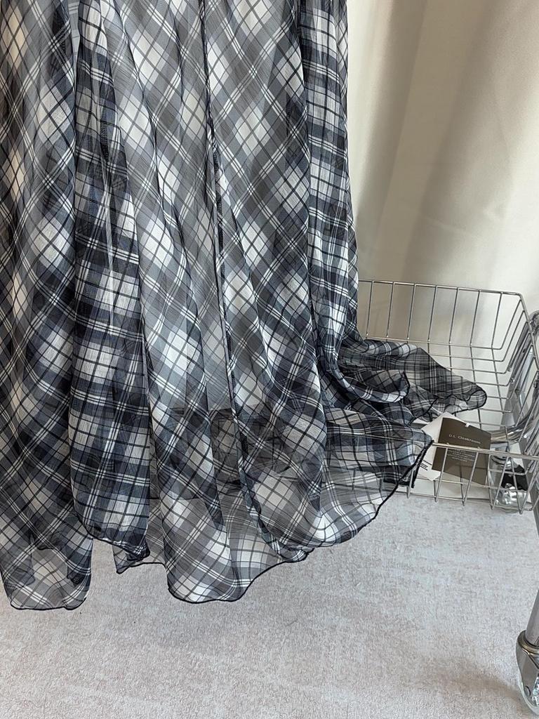 Plaid Asymmetrical Draped Chiffon Midi Skirt with Irregular Hem
