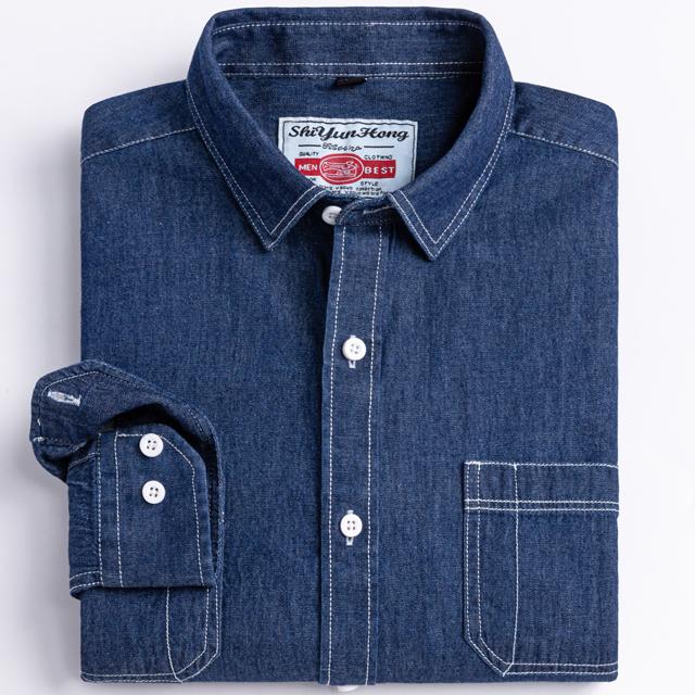 Herren-Western-Denim-Hemd mit Tasche, 100 % Baumwolle, langärmelig, Standard-Passform, bequem, strapazierfähig, weich, lässig, gewaschen, strapazierfähig, Arbeitshemden