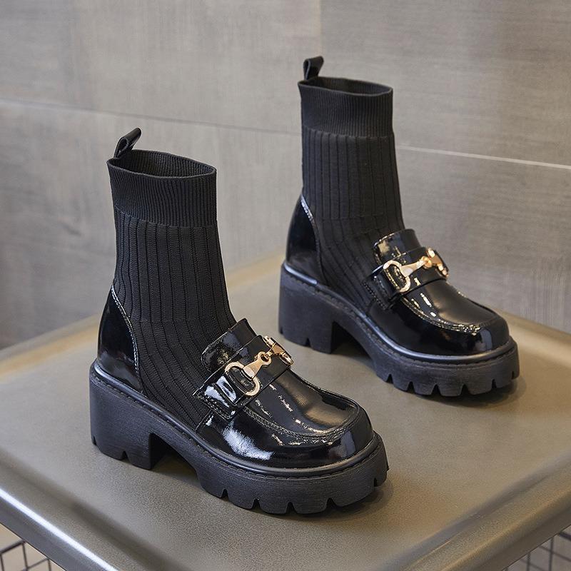 Black high-heeled short boots thick-heeled loafers boots integrated with wide-leg pants skirt shoes with socks Martin boots