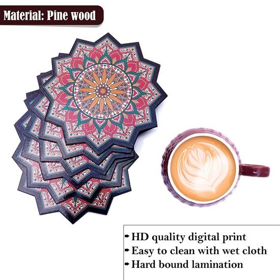 Designer Pine Wood Mandala Printed Coasters for Cups Set of 6