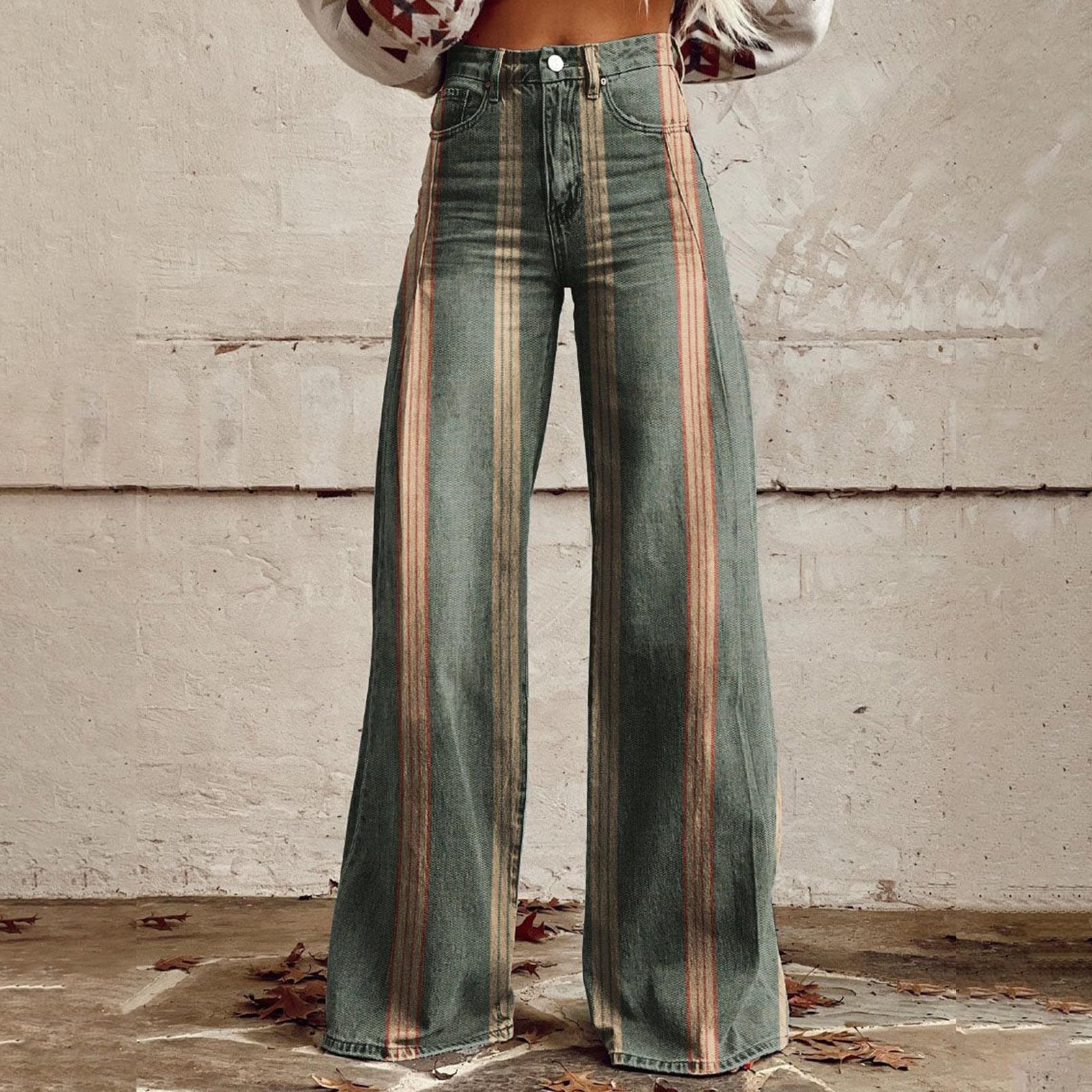 

Широкие расклешенные джинсы для женщин с карманами, мешковатые брюки с винтажным цветочным принтом и высокой талией, свободные брюки XXXL