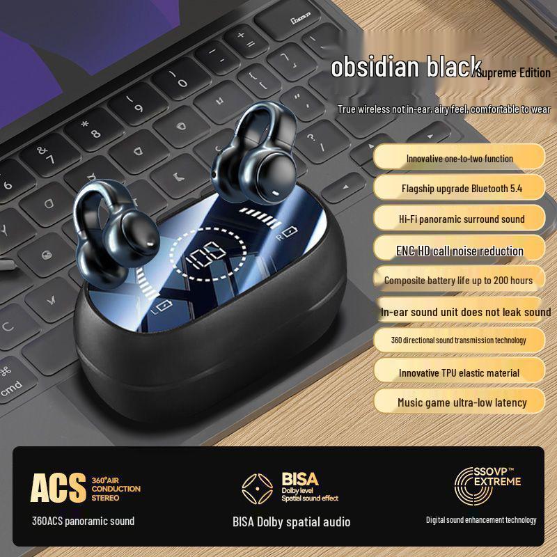 2025 Bone Conduction Wireless In-Ear Clip-On Earphones with Smart Display and Long Battery Life
