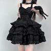 LAVASEON Spitze Kleid Süßes Oberteil und Unterteil Rüschenband und Hosenträger Mini Lolita Prinzessin Mori Girl Schönes Schwarzes Damen 2-teiliges Set, Set, Hemd,