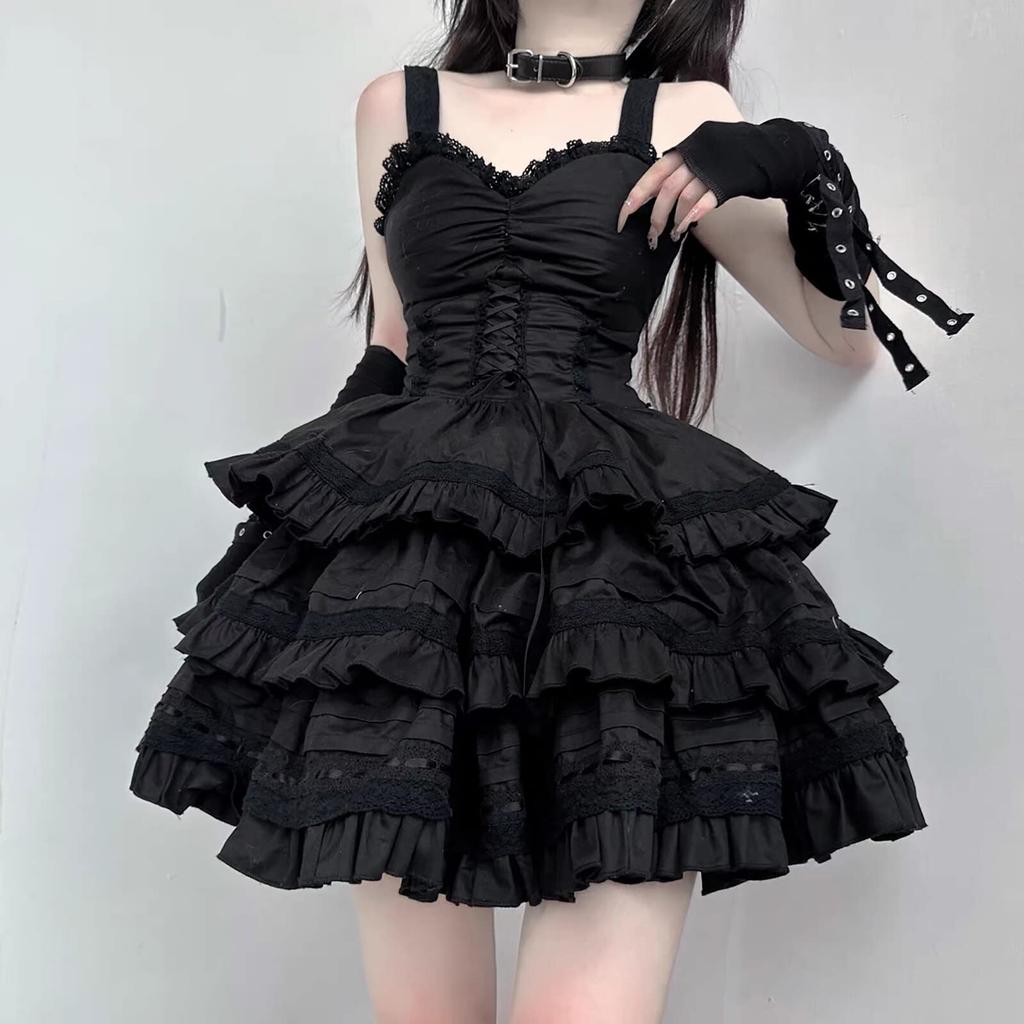 LAVASEON Spitze Kleid Süßes Oberteil und Unterteil Rüschenband und Hosenträger Mini Lolita Prinzessin Mori Girl Schönes Schwarzes Damen 2-teiliges Set, Set, Hemd,