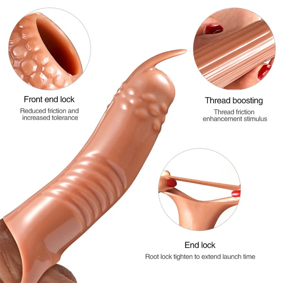 Reusable Penis Sleeves High Elastic Condoms Cock Soft Extender Enlargement Delay Ejaculation Sex Toys for Men Couple