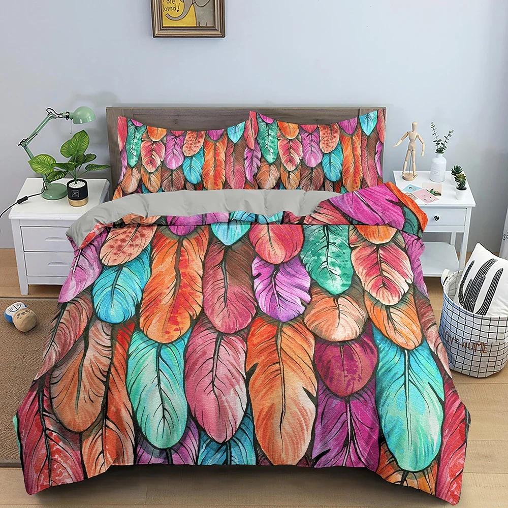 Colorful Feathers Pattern Cozy Bedding Set Single Twin Double Queen King Cal King Size Bed Linen Set