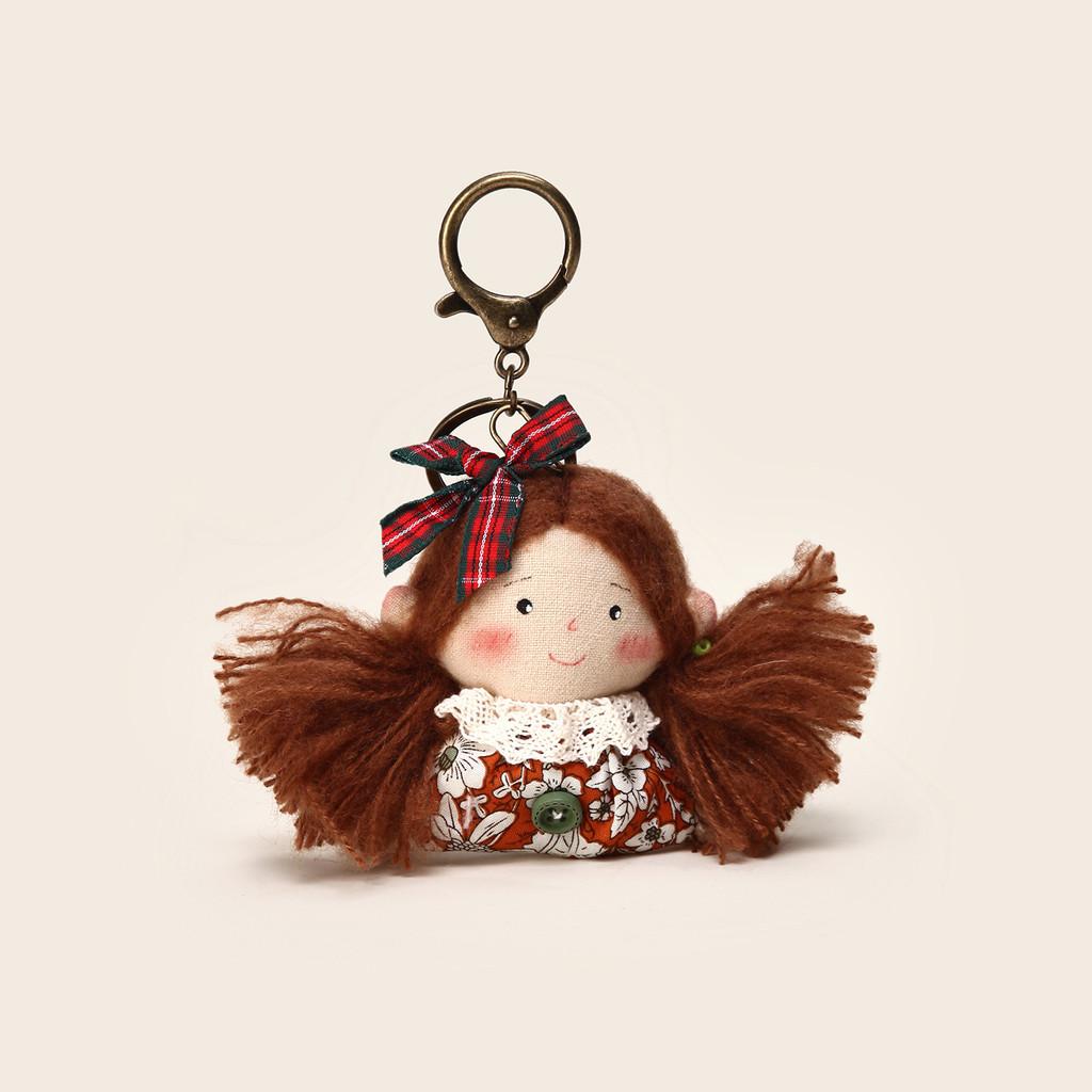 Handmade Korean Plush Doll Keychain With Floral Print Dress Checkered Bow Decor For Gift And Decoration