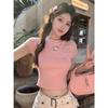 New slim-fit short inner top rabbit embroidery pink open-button front shoulder short-sleeved sweet and spicy T-shirt for women