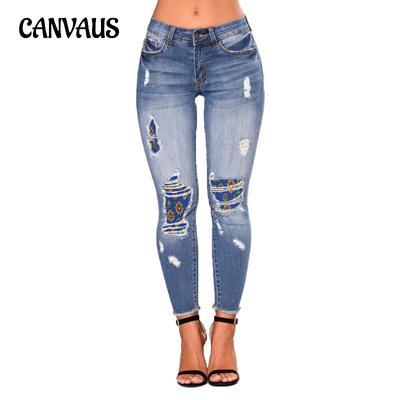 Calça lápis feminina moda rasgada patch jeans plus size