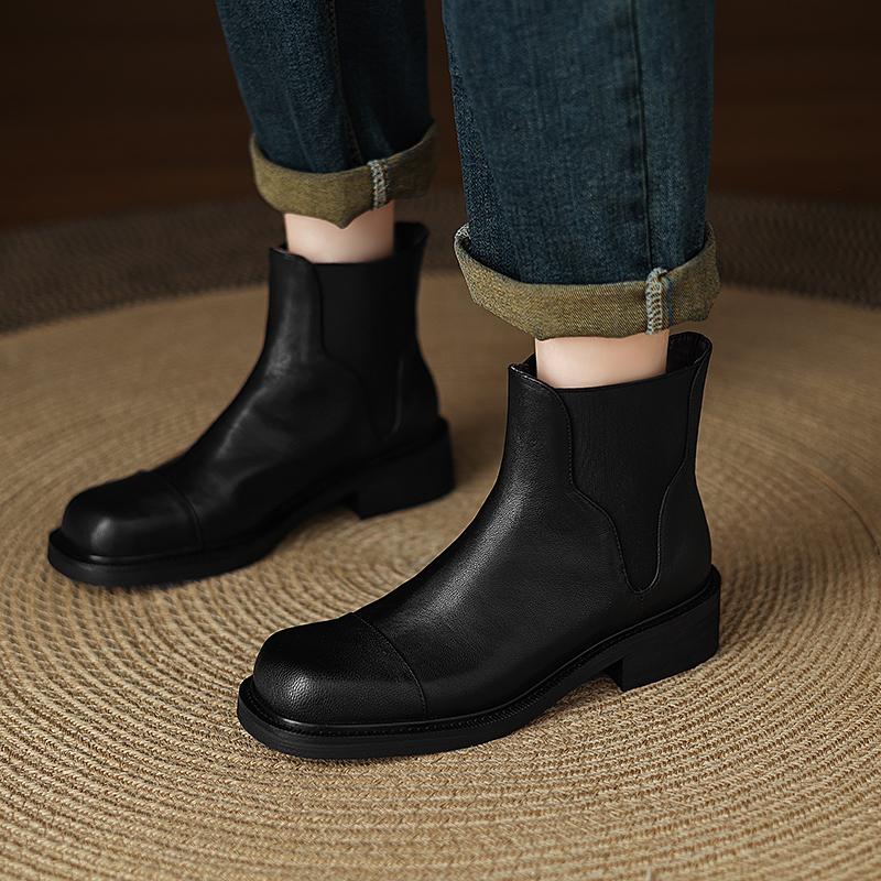 Fashion 2025 New Genuine Leather Retro Boots Women Round Toe Chunky Low Heels Elastic Band Ankle Boots Autumn Western Boots Lady Shoes