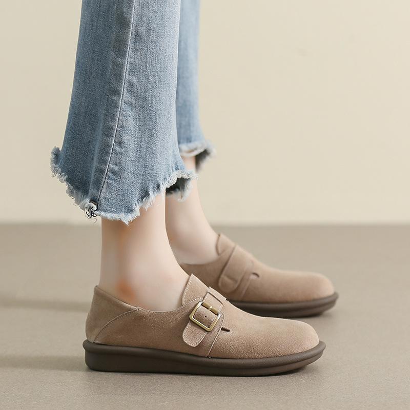 Frosted cowhide soft sole women's round head single shoes one pedal shoes women's flat sole