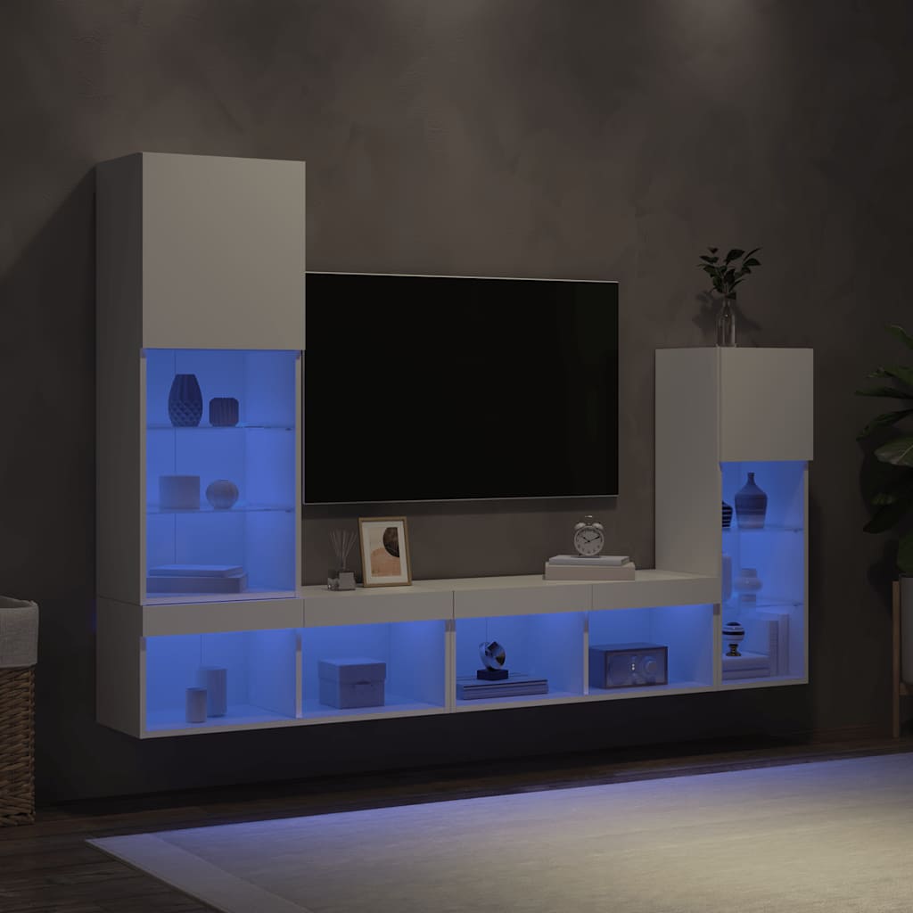 4 piece living wall unit with LED lighting white wood based material