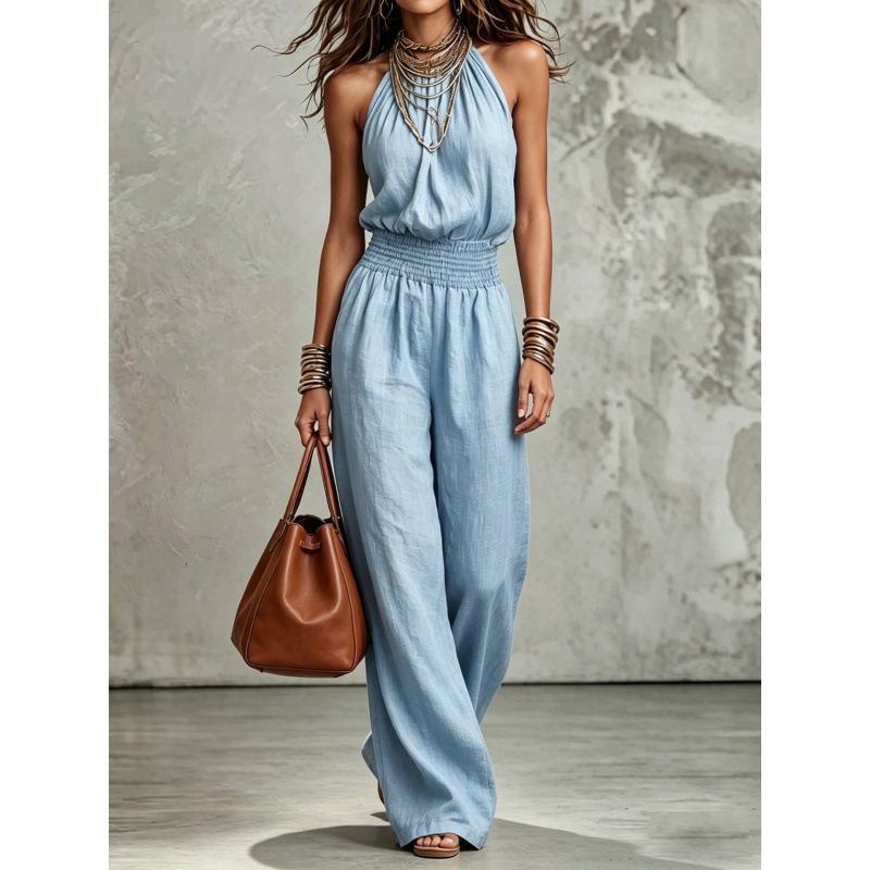 European and American cross-border foreign trade women's clothing 2026 summer sexy sleeveless backless waist strap neck wide leg jumpsuit women