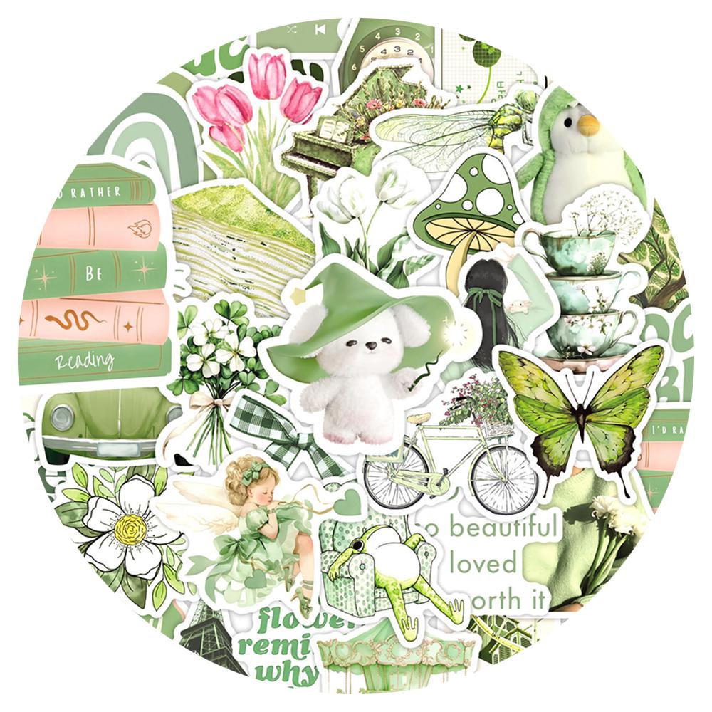 10/30/50pcs Green Vintage Cartoon Aesthetic Stickers Kawaii Girls Decal DIY Scrapbooking Notebook Laptop Waterproof Sticker Gift