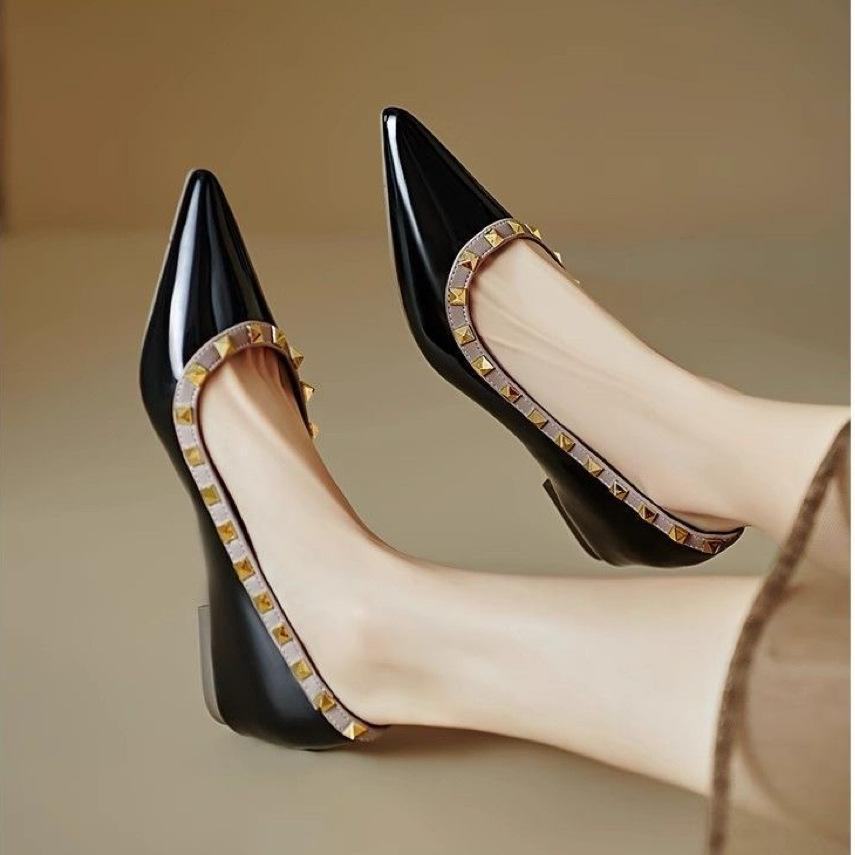 2025 nowe wiosenne i jesienne buty damskie na płasko ze szpicem i francuskim nitem, buty damskie wszechstronne do dojazdów, z płytkim wycięciem i wewnętrznym podwyższeniem